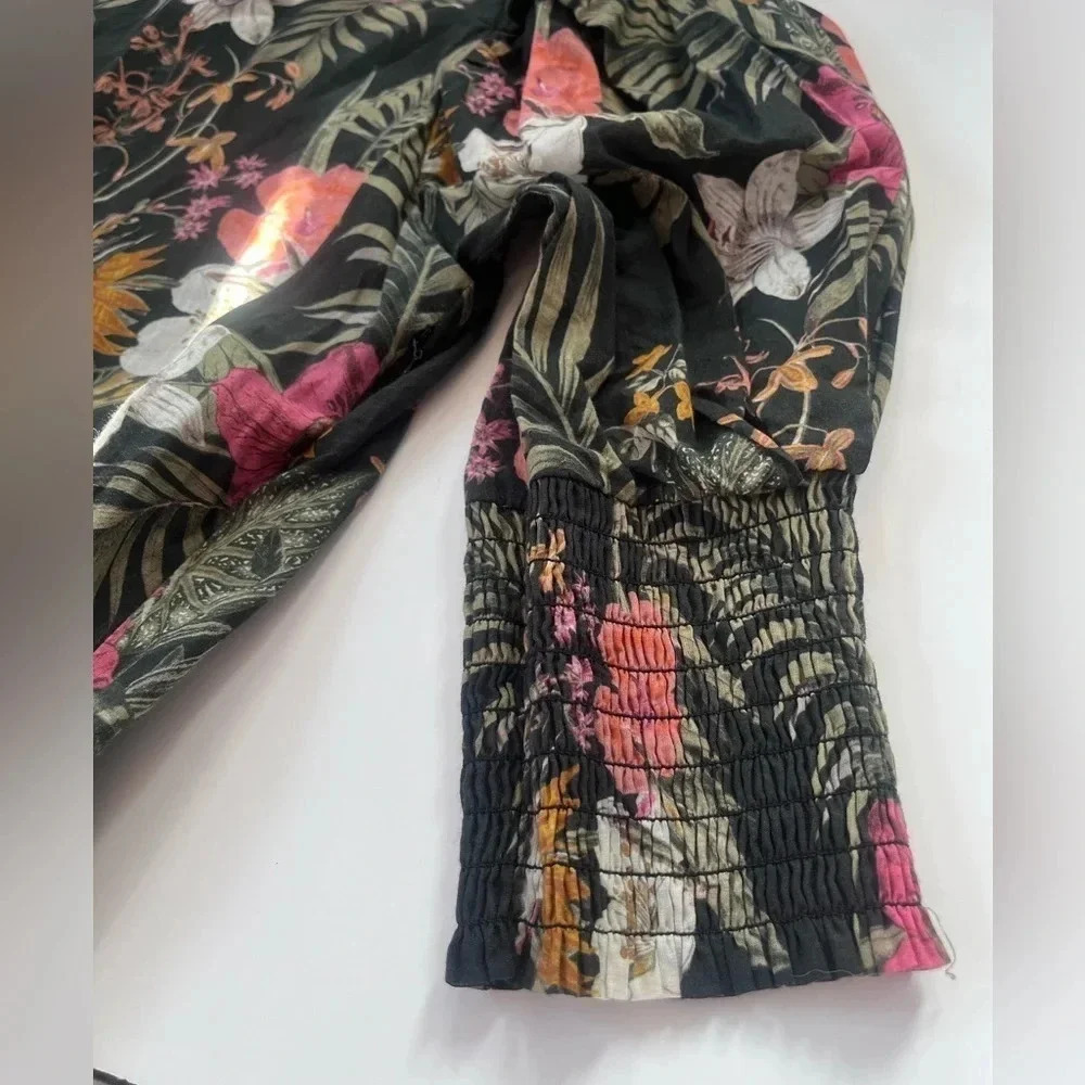 Rebecc Minkoff Black Floral Print Puff Sleeve Smocked Geneva Mini Size S - Picture 7 of 11